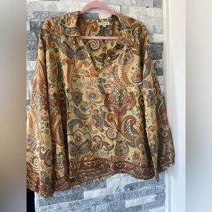 Women’s NATURA Long Sleeve V-Neck Silk Blend Paisley Pattern Shirt-Brown-XL